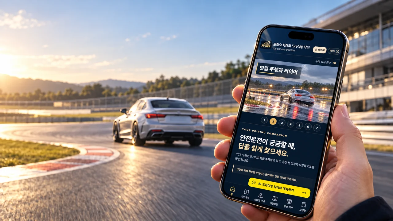 서킷에서 안전하게 주행하는 차량과 드라이빙 닥터를 보여 주는 휴대전화